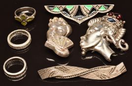 Alexander Korda brooch, silver Art Deco brooch set with enamel and marcasite, silver and marcasite