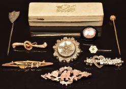 Three Victorian silver brooches, silver stick pin, cameo and jet stick pin, two 9ct gold brooches (