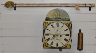 19thC Andrew Mackie Fraserburgh long case clock movement, dial, weight and pendulum, the painted