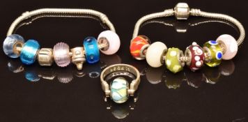 Two silver charm bracelets with glass bead charms