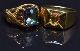 A 9ct gold ring set with a mystic topaz and a 9ct gold ring set with a citrine, size N & T, 15.7g