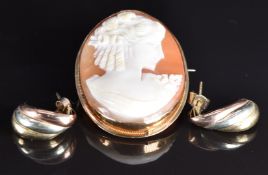 A 9ct gold brooch set with a cameo and 9ct gold earrings, 0.75g