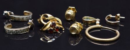 A pair of 9ct gold earrings set with quartz, a pair of 9ct gold earrings set with paste, single
