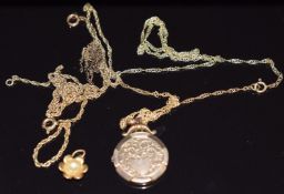 Two 9ct gold chains, 9ct gold pendant set with a pearl (4g) and section of locket