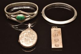 Mexican silver bangle set with malachite, a silver bangle, silver ingot and silver locket (