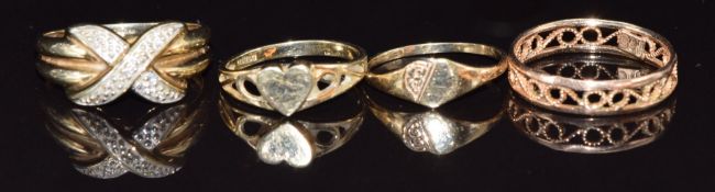 A 9ct gold ring set with diamonds, two 9ct gold signet rings and another 9ct gold ring, size N, 5g