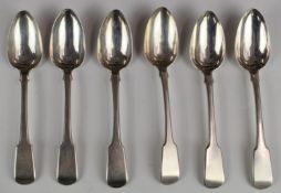 Georgian set of six hallmarked silver fiddle pattern dessert spoons, London 1818, maker Sarah