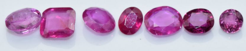 Seven loose oval, round and square cut natural unheated Burmese rubies, total carat weight