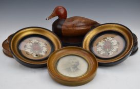 Carved wood decoy duck, length 25cm, pair of framed tapestries, further circular framed photograph