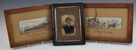 Three framed silk Stevengraph or similar silk pictures, comprising The Good Old Days (coach and