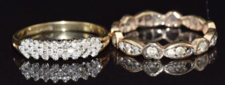 Two 9ct gold rings, one set with diamonds the other with paste, size J, 3.3g