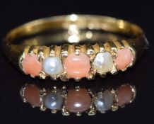 An 18ct gold ring set with coral and seed pearls, Birmingham 1869, size L 1.9g