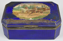 19th or early 20thC white metal and guilloché enamel lidded casket with cartouche of a horse