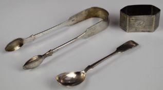 Georgian fiddle pattern hallmarked silver sugar tongs, London 1825, maker William Chawner II, Exeter
