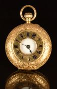 Unnamed 18ct gold keyless winding half hunter pocket watch with blued hands, Roman numerals, white