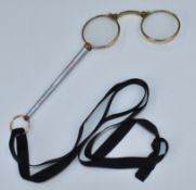 Art Deco lorgnettes with pink and blue guilloche enamel handle, length 16cm