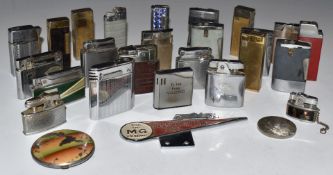 A collection of lighters and a Toulmin Motor Club badge 'For the MG Enthusiast'