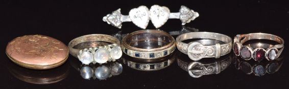 Victorian ring set with foiled garnets, silver ring set with moonstones, silver buckle ring, 9ct