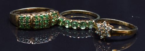 Three 9ct gold rings set with quartz, size N, 8g