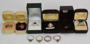 Seven silver rings, a 9ct gold ring (2g) and two other rings