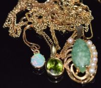Three 9ct gold pendants, one set with opal, one with seed pearls and quartz and the other peridot,