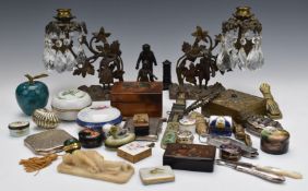 Collectables and bijouterie to include pair of bronze or similar candlesticks, snuff boxes including