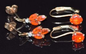 Two pairs of 9ct gold earrings, one set with fire opal the other fire opal and diamonds, 3.2g
