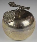 Continental white metal novelty apple with removable lid and clear glass liner, marked 800 and