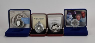 Four Royal Mint silver proof Royal commemorative crowns comprising Queen's 70th Birthday, Diamond