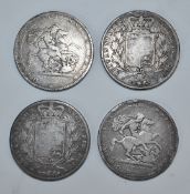 Four silver crowns comprising two George III 1820 examples and two young head Queen Victoria 1844