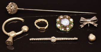 A silver bow brooch by WB & S, silver filigree hat pin, enamel brooch, white metal paste brooch,