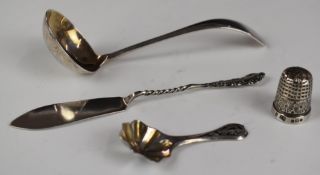 Hallmarked silver items comprising sauce ladle, length 12.5cm, butter knife, Victorian salt spoon