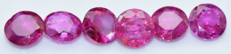Six loose round cut natural unheated Burmese rubies, total carat weight approximately 3.10cts