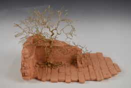 Patrick Drinkwater (Trowbridge artist) gold plated model of a tree on a pottery ruined wall with