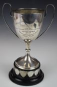 Hallmarked silver twin handled presentation cup 'The Llanedeyrn Farmers' best turned out pony and
