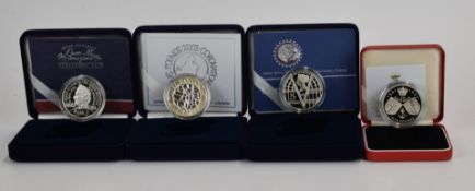 Four Royal Mint silver proof Royal commemorative crowns including Queen's 50th Wedding Anniversary
