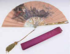 Victorian T Houghton signed hand painted fan decorated with putti on rooftops, with mother of