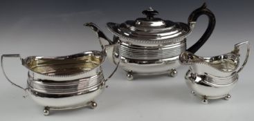 Georgian hallmarked silver three piece harlequin tea set with gadrooned edge and ribbed