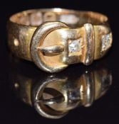 Victorian 18ct gold buckle ring set with two old cut diamonds, Birmingham 1878, size H/I, 3g