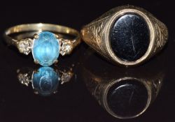 A 9ct gold signet ring set with onyx and a 9ct gold ring set with topaz and diamonds, M and P, 4.6g