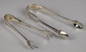 Two pairs of hallmarked silver sugar tongs, one fiddle thread and shell pattern, London 1849, length