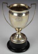 George V hallmarked silver twin handled trophy cup, Birmingham 1931, maker J A Wylie & Co, weight