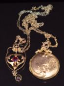 A 9ct gold back and front locket, Edwardian 9ct gold pendant and two 9ct gold chains, 8.7g