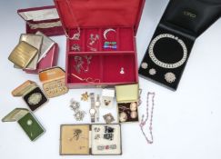 A collection of costume jewellery including silver mounts studs, Wedgwood stick pin, Miracle brooch,