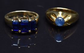 Two 9ct gold rings set with synthetic sapphires, size N, 10g
