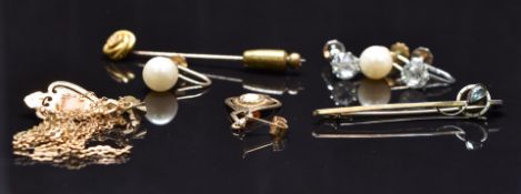A 15ct gold stick pin set with a diamond, 9ct gold and silver brooch, 9ct white gold Ciro earrings