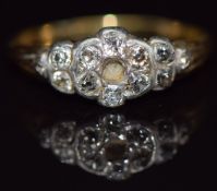 Georgian yellow metal morning ring set with old cut diamonds, verso a hollow compartment and