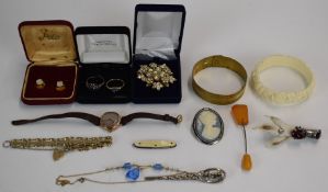 A 9ct gold watch and an Art Deco necklace, rings, brooches etc