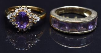 Two 9ct gold rings, one set with amethyst and diamonds the other with amethysts, size N, 8.2g