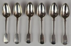 Victorian set of six fiddle pattern hallmarked silver dessert spoons, London 1882, maker Chawner &